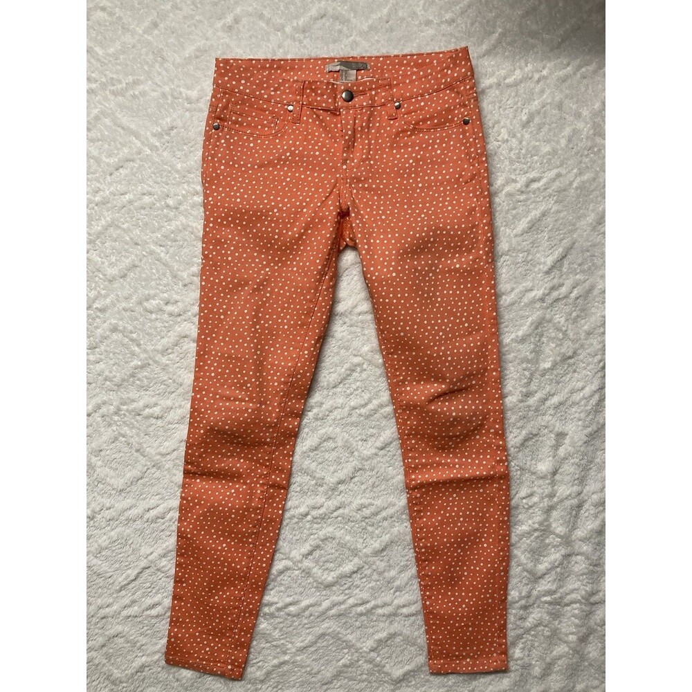 Forever 21 Pants Straight Leg Orange With White Pola Dots Sz 26